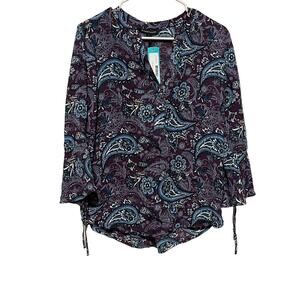 NWT 41Hawthorn Trina Bell Sleeve Pleated Back Purple Blouse
